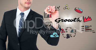 Business man mid section with marker and growth doodles with flare against brown background