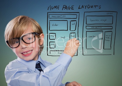 Kid with chalk and website mock up against blue green background