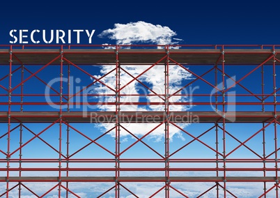Security Text with 3D Scaffolding and lock cloud in sky