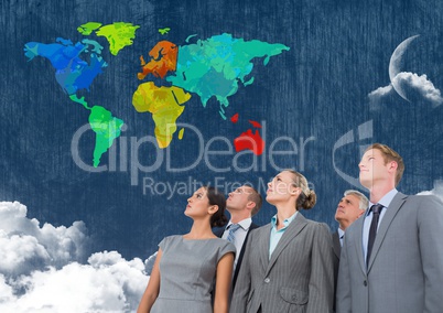 Business people looking at Colorful Map with  cloudy background