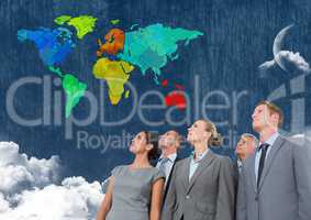 Business people looking at Colorful Map with  cloudy background