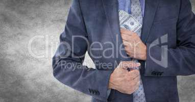 Business man mid section putting money away against white grunge background