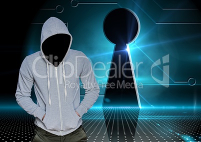Grey jumper hacker with out face with his hands on his pockets, lock.