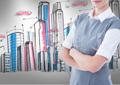 Composite image of woman against city background