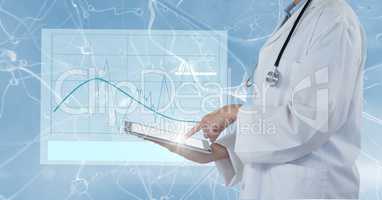Digital composite image of doctor using tablet computer with interface graphics