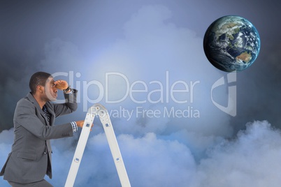 Digital composite image of businessman on ladder looking at globe in sky