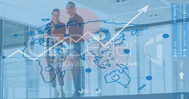 Digital composite image of business people seen through graph screen