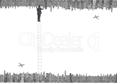 up side down city. planes and business men with ladder crossing to the up down city