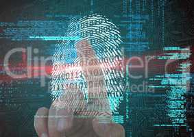 fingerprint scan with binary code and red flare. finger on back