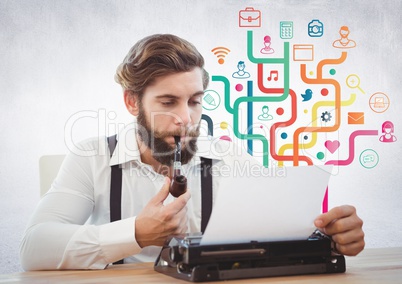 Man with typewriter against colourful business graphics and white wall