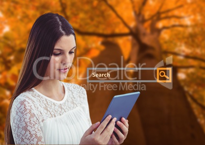Woman on phone with Search Bar with forest background