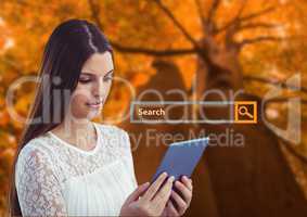 Woman on phone with Search Bar with forest background