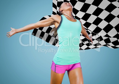 Female runner on track against blue background and checkered flag