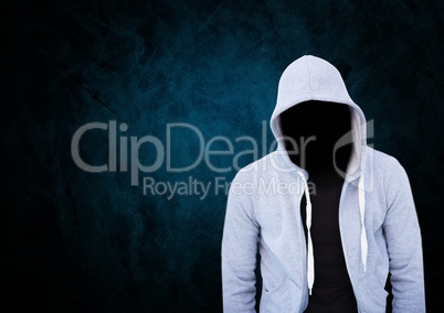 Anonymous Criminal Man in hood in front of blue background