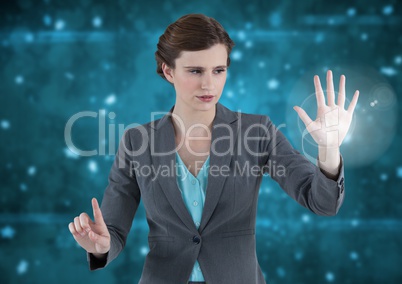 woman opening hand with futuristic background