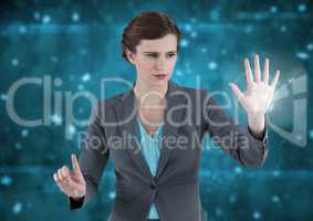 woman opening hand with futuristic background