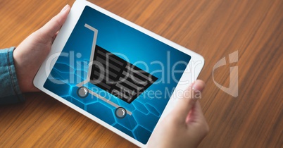 Shopping cart on tablet PC's screen held by woman