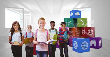 School children holding books by app icons