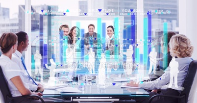 Digital composite image of employees and tech graphics against business people in conference room