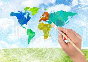 Hand painting Colorful Map with bright sky background