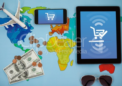 World map holidays with Tablet and phone with Shopping trolley icon