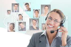 Digitally generated image of businesswoman using headphones with human resourcing in background