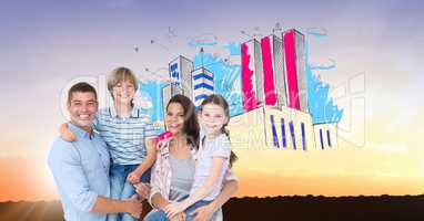 Digital composite image of family with building in sky