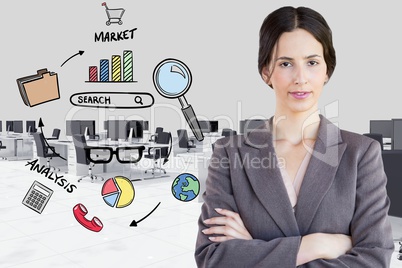 Digital composite image of businesswoman by various icons in office