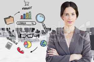 Digital composite image of businesswoman by various icons in office
