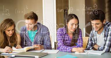 Digital composite image of various math equations with college students studying in background