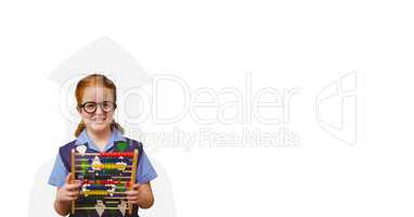 Smiling schoolgirl holding abacus with graduation shadow on back