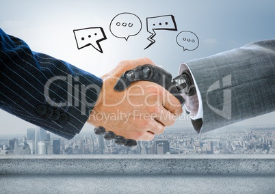 Android handshake businessman with chat bubble drawings graphics