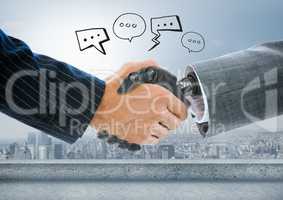 Android handshake businessman with chat bubble drawings graphics