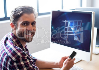 Man using laptop with Shopping trolley icon