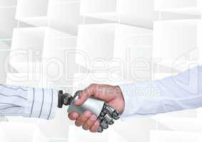 Android Robot hand shaking man hand with bright background