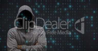 Digital composite image of hacker standing arms crossed against screen