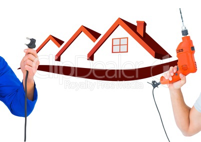 hand with plug and hand with drill with red houses bbackground