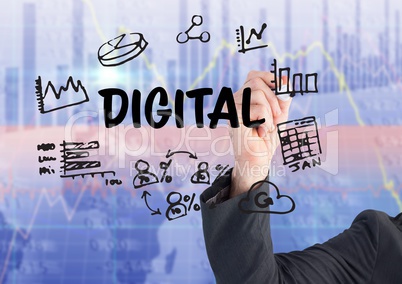 Business man hand writing graphic about digital