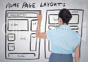 Woman with marker against website mock up and white wall