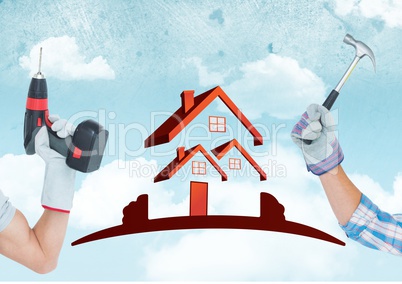 Hand with drill and hand with hammer with red house on sky background