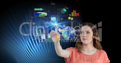Digital composite image of woman touching futuristic screen