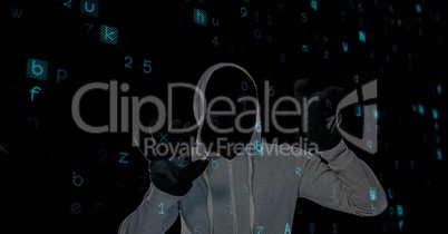 Digital composite image of hacker in hooded shirt touching screen