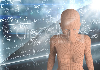 3D orange female AI against wall with math doodles
