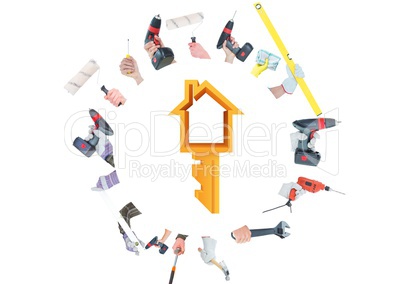 A lot of hands with tools doing a circle and with key house in the middle