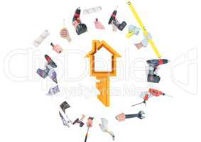 A lot of hands with tools doing a circle and with key house in the middle