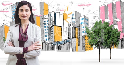 Businesswoman standing arms crossed in drawn city