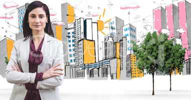 Businesswoman standing arms crossed in drawn city