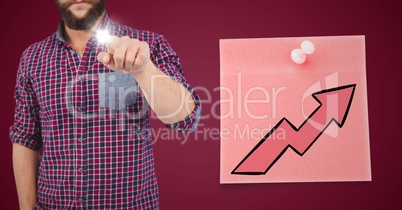 Man pointing with flare against maroon background with pink sticky note and arrow
