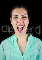 Woman screaming with black hat against black background