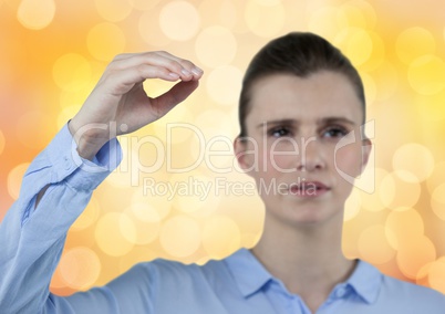 Businesswoman gesturing over blurred background